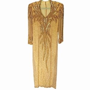Vintage Women's Glamorous Gold Beaded & Sequin Long Gown / Dress Long Sleeves 10